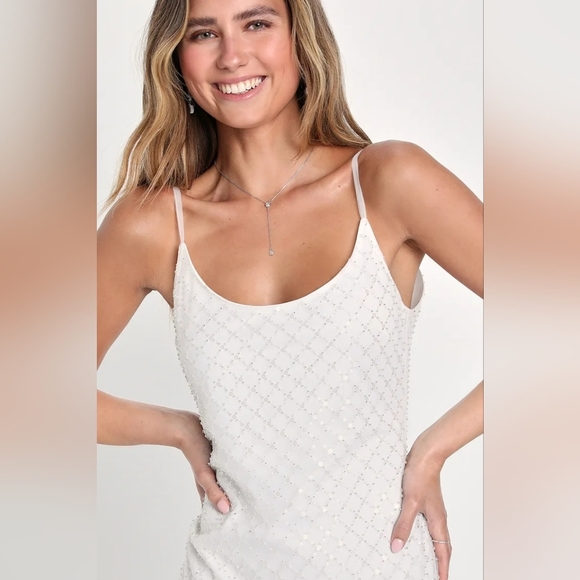Lulus Destined to Dazzle White Sequin Beaded Fringe Shift Mini Dress XS Wedding - Picture 4 of 13